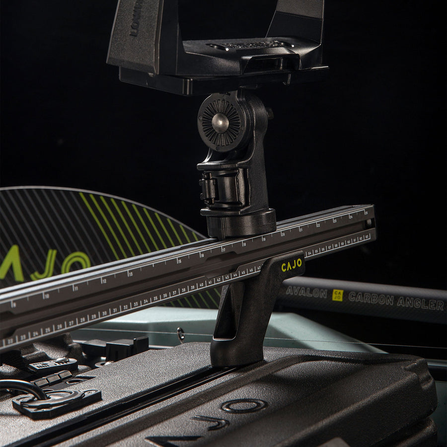 Quad Rail with ruler markings holding a fish finder mount