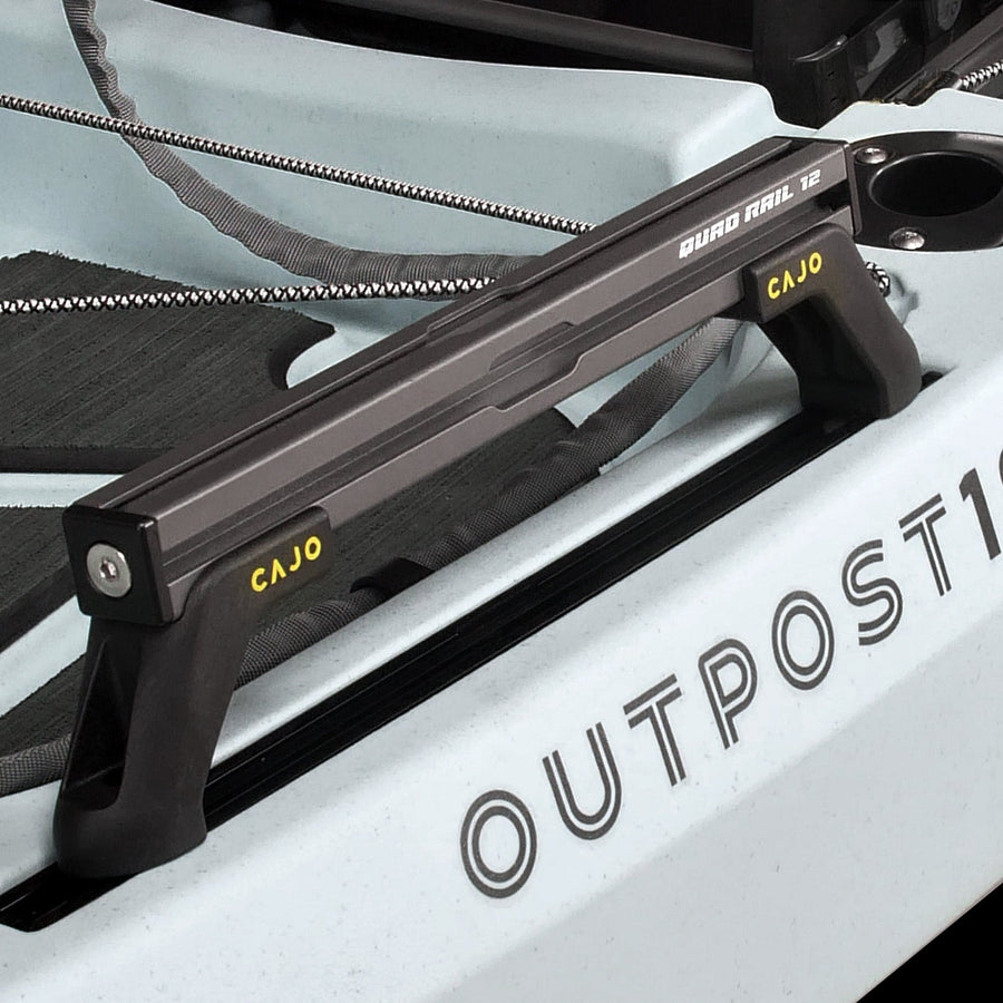 Quad Rail mounted on the gunwale of a light blue Outpost kayak