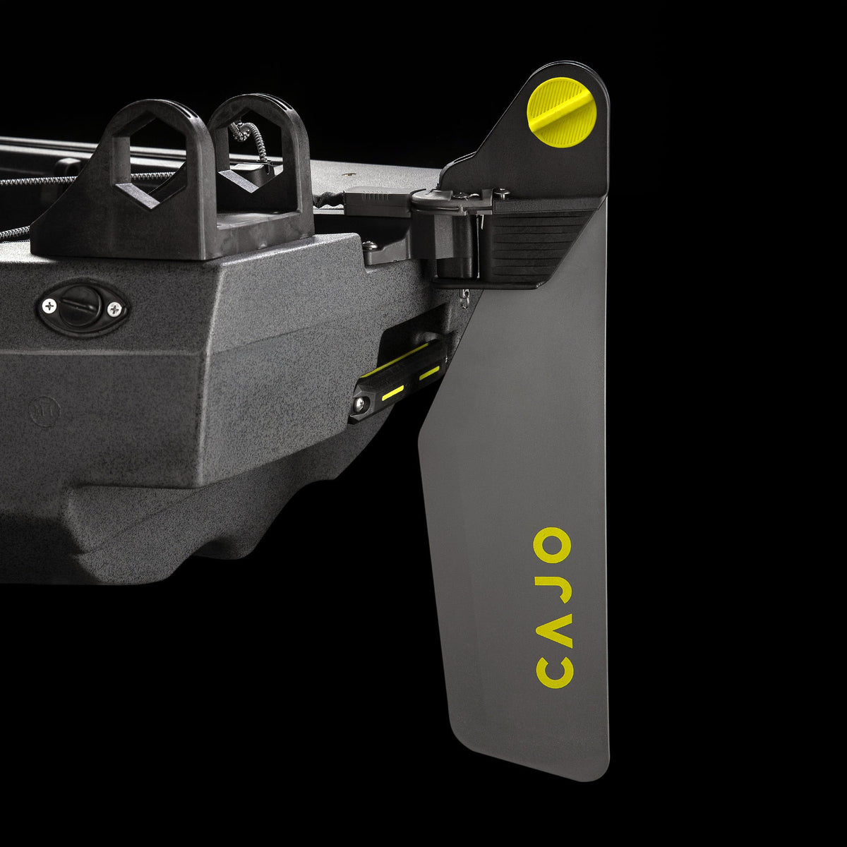 Traverse Rudder System blade with yellow Cajo logo mounted on kayak stern