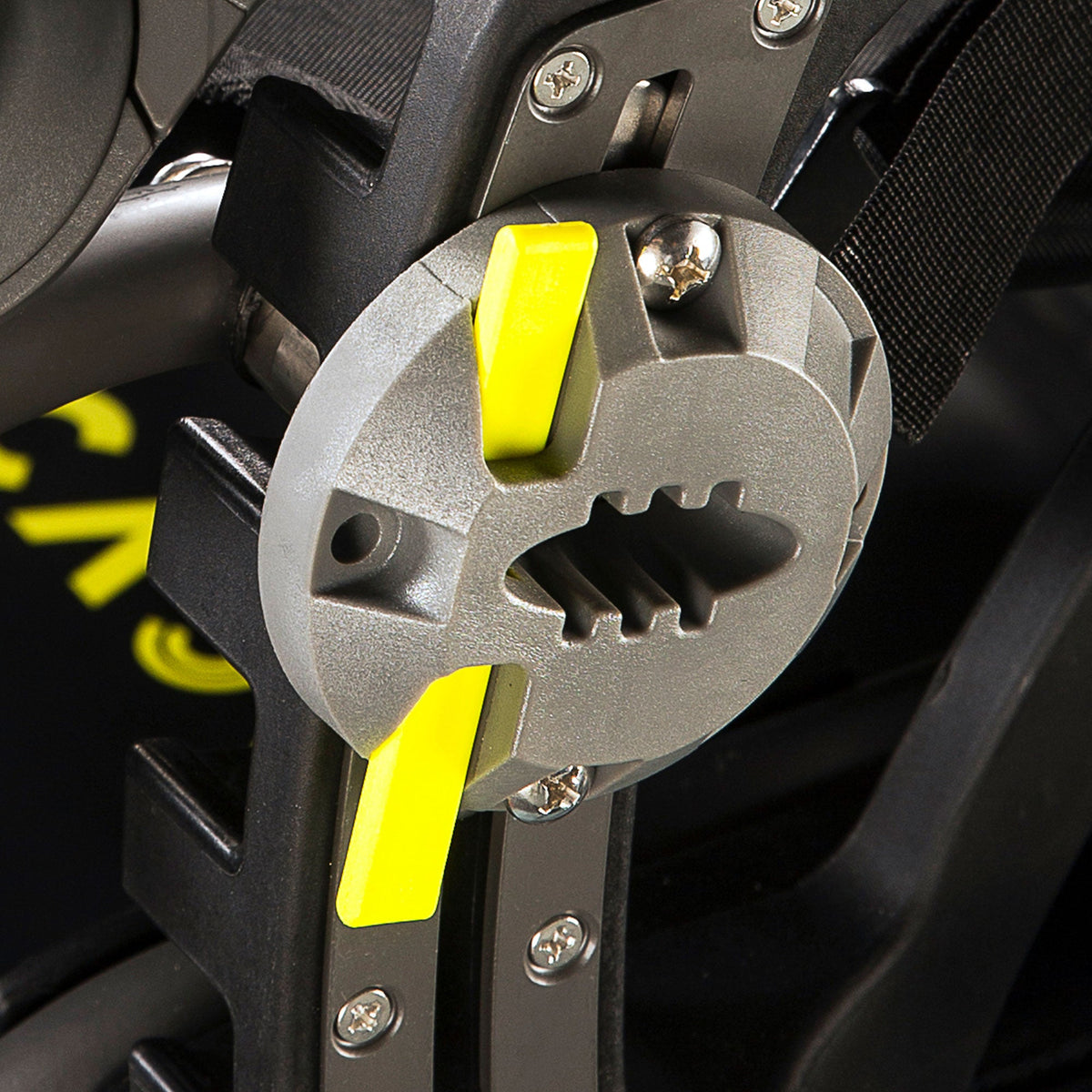 Traverse rudder steering handle mount, grey round mount with yellow locking tabs on a seat frame