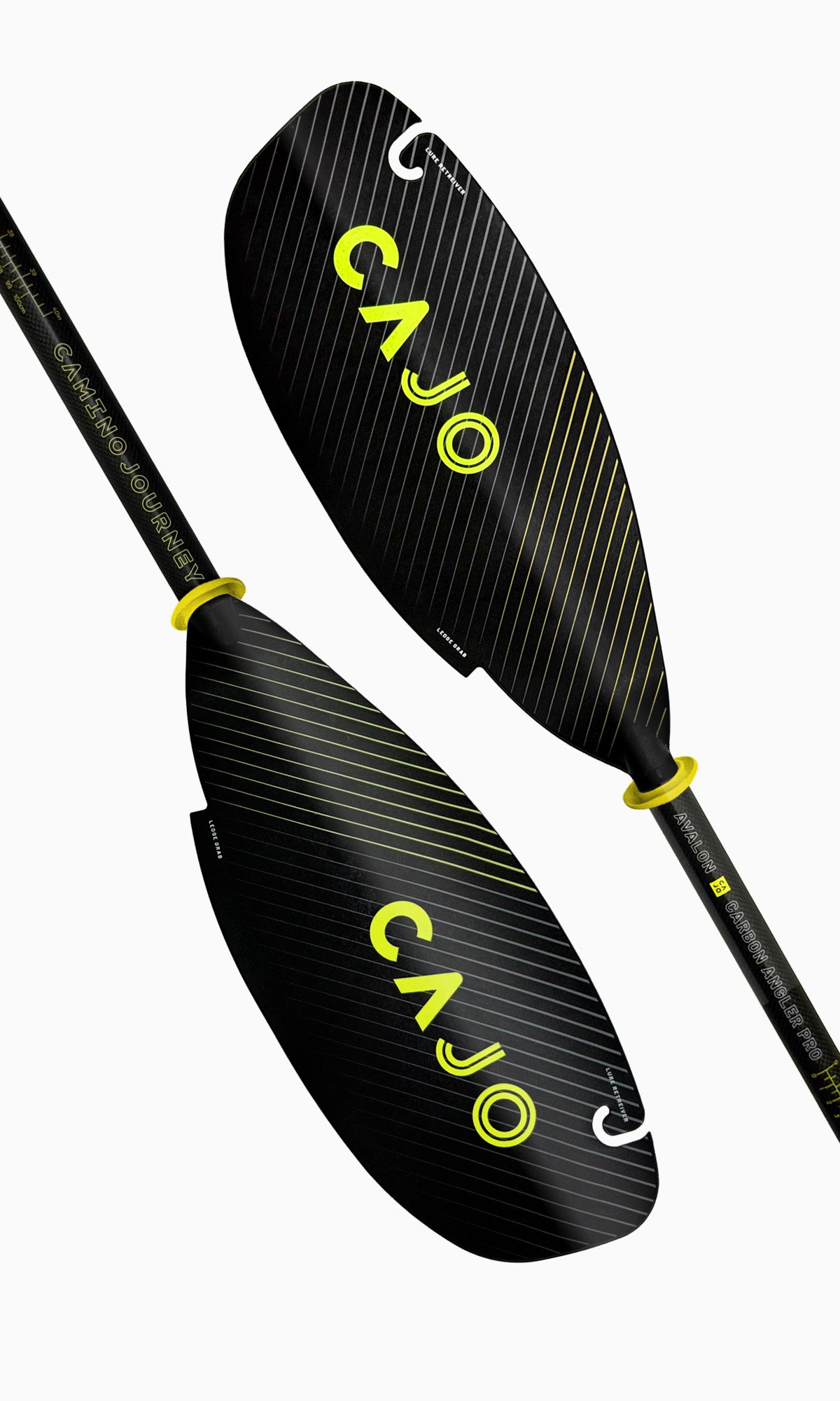 Avalon Carbon Angler Pro paddle, both black blades with yellow Cajo logo and yellow rings