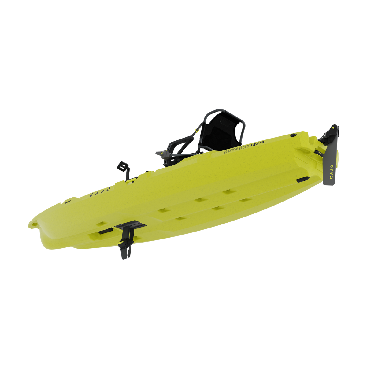 Outpost 128 PDL in Seagrass Yellow, with Traverse pedal drive, under side, three-quarter