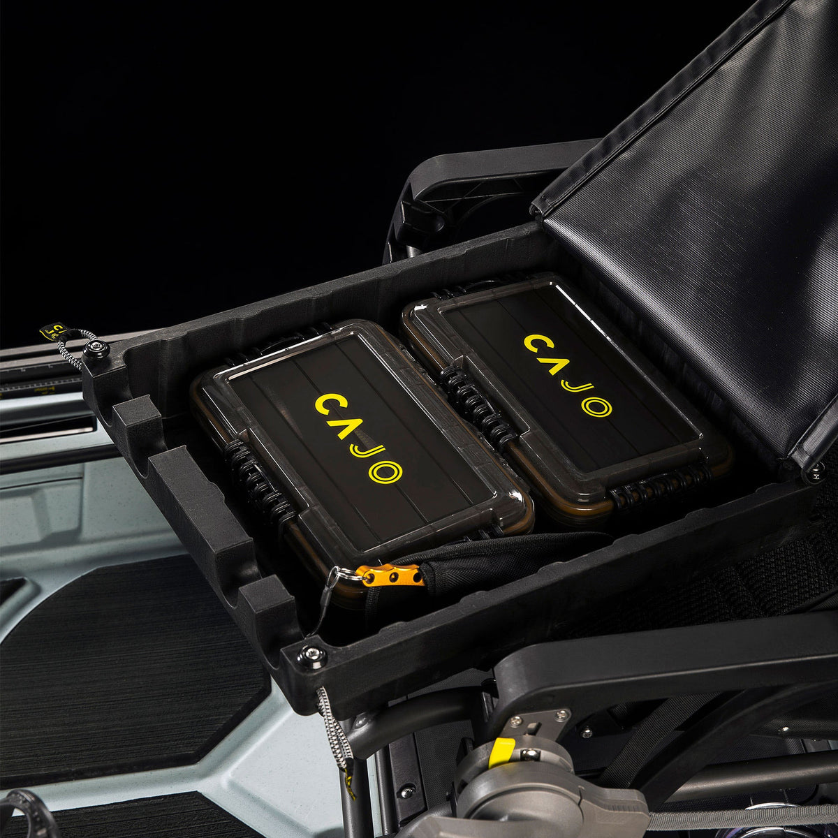 Horizon Pro kayak seat dropbox open with two tackle trays inside