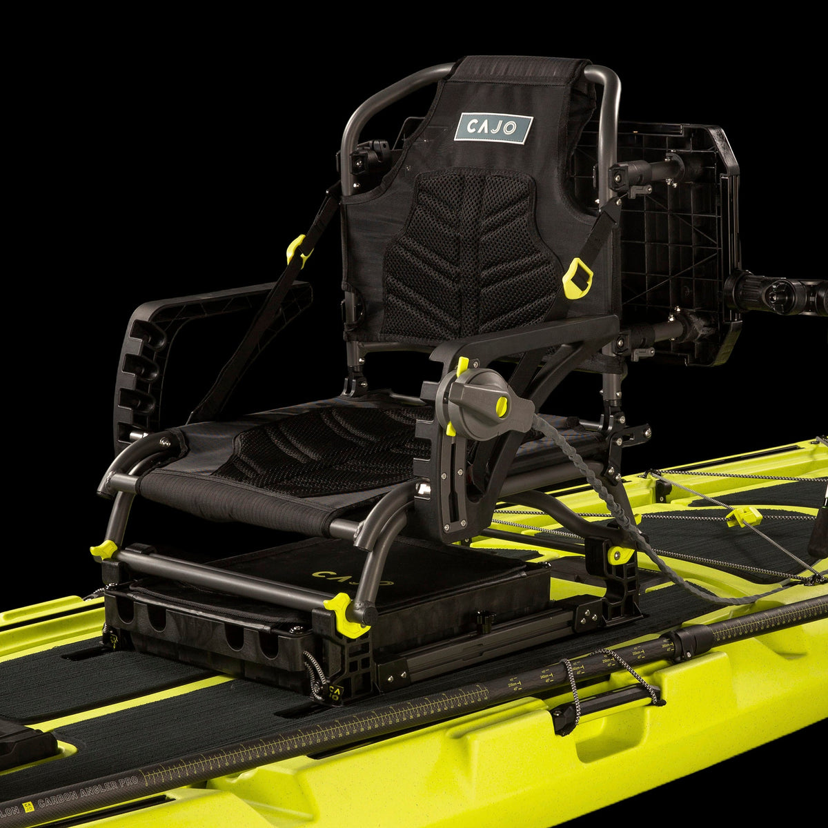 Horizon Pro kayak seat and base on yellow kayak, side angle