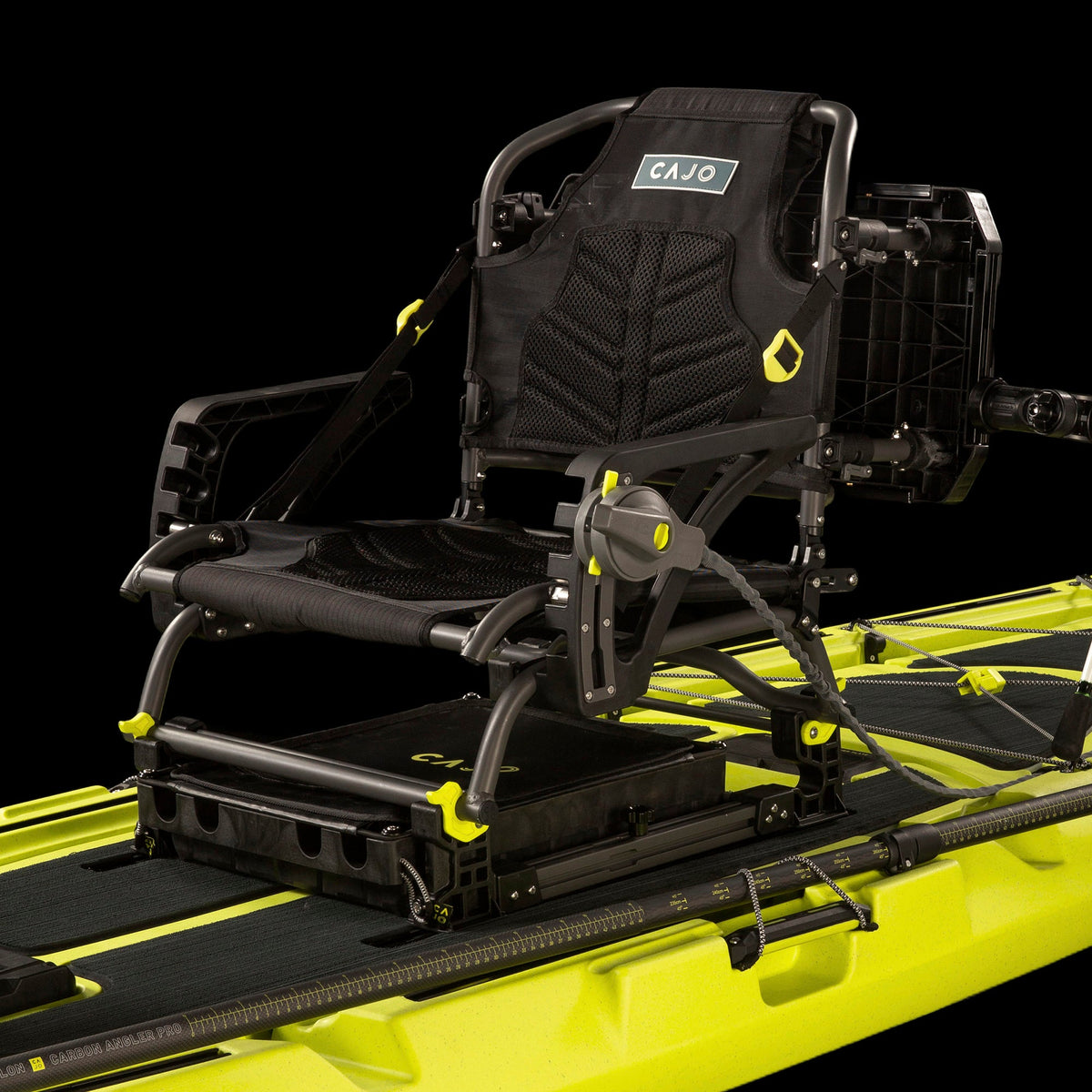 Horizon Pro kayak seat and base on yellow kayak, side angle showing base