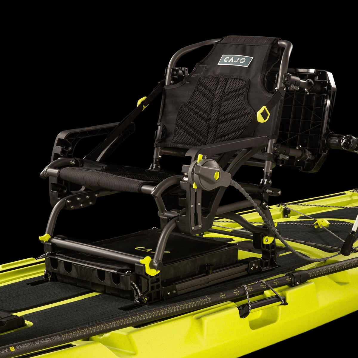 Horizon Pro kayak seat and base on yellow kayak, rear side angle