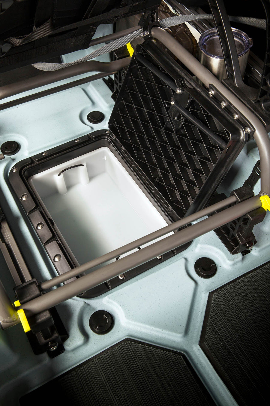Under seat storage hatch with removable bin