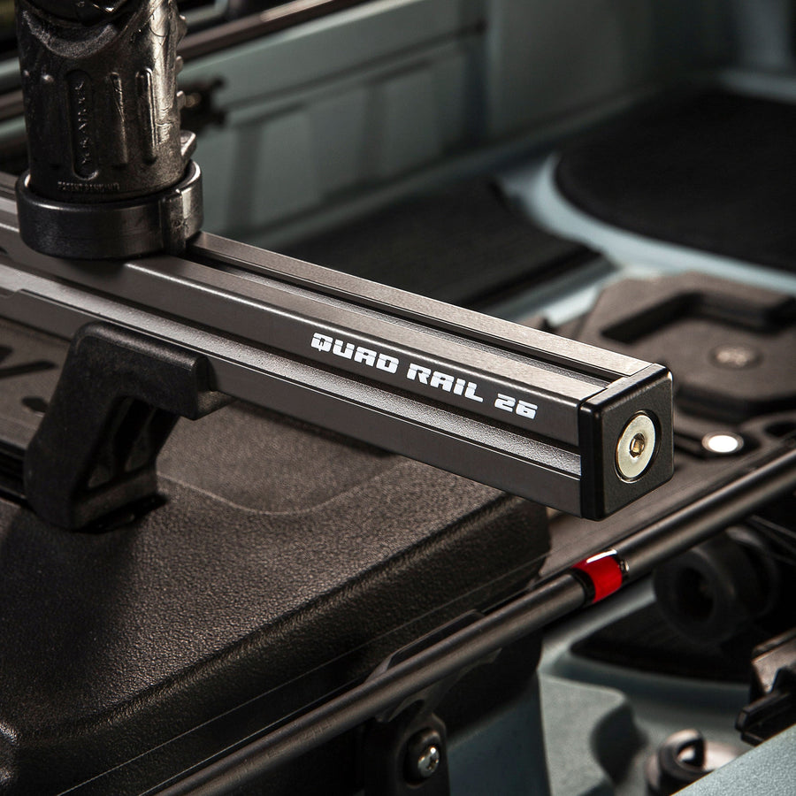 Quad Rail 26 close-up with a rod holder mounted on the rail