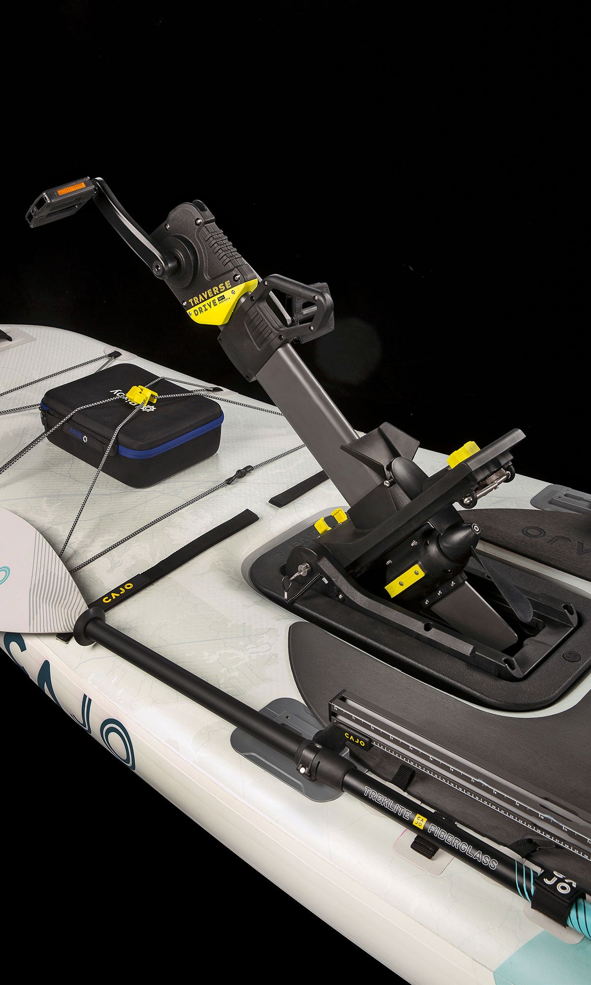 Traverse drive add-on for tandem on an inflatable kayak, angled view with carry case