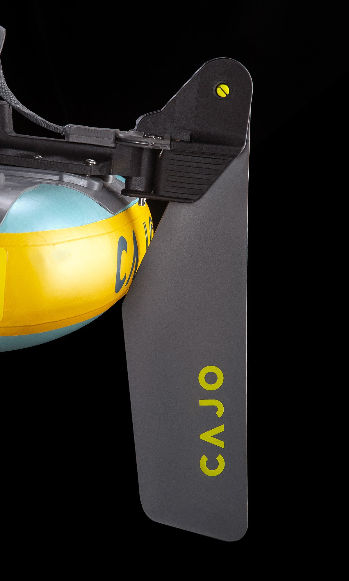 Traverse rudder blade with yellow Cajo logo at an inflatable kayak stern